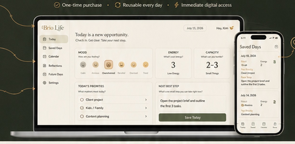 Brio Life Daily Clarity OS shown on a laptop and phone