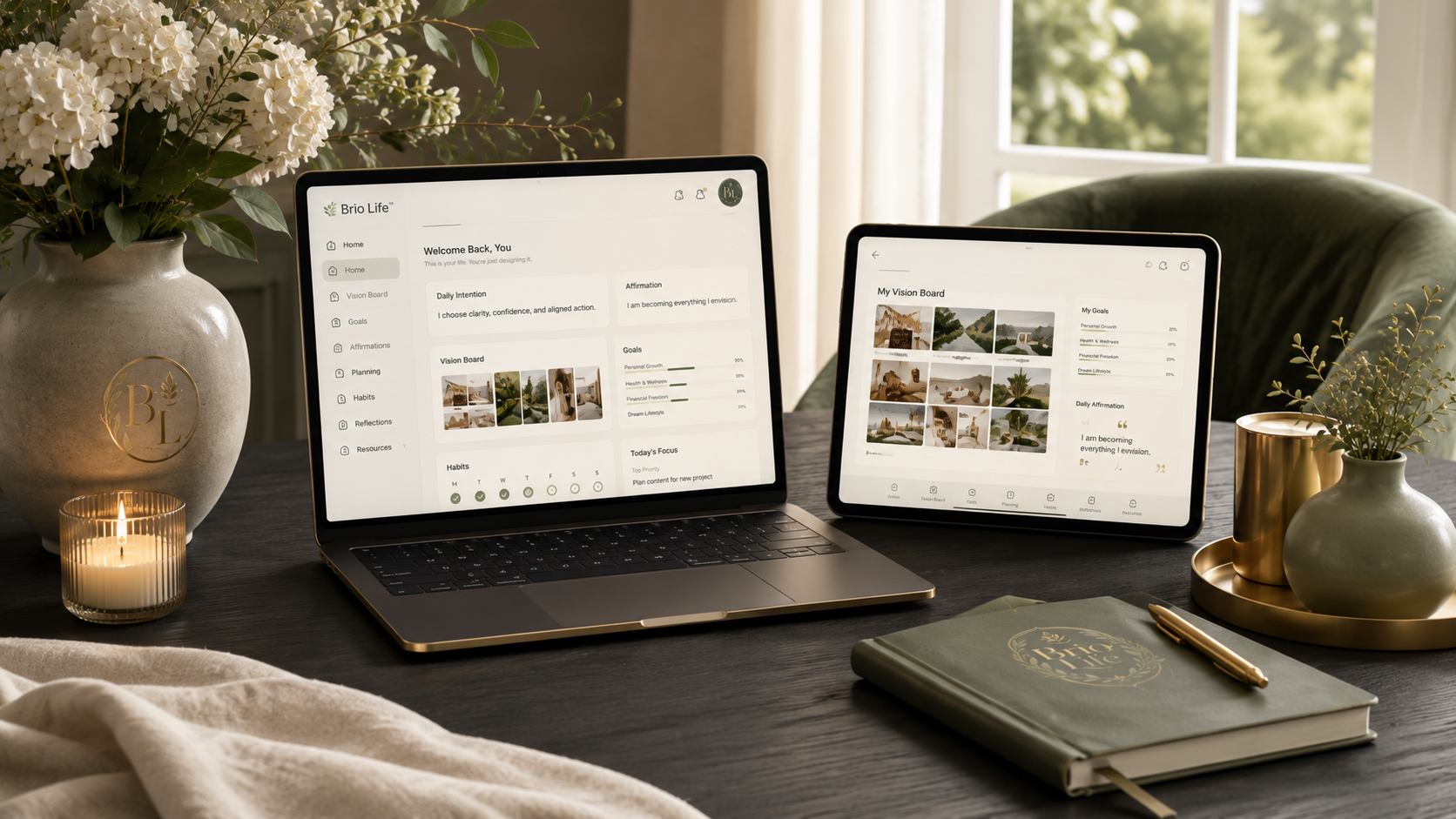 Brio Life Daily Clarity OS displayed in a warm, calming desk scene