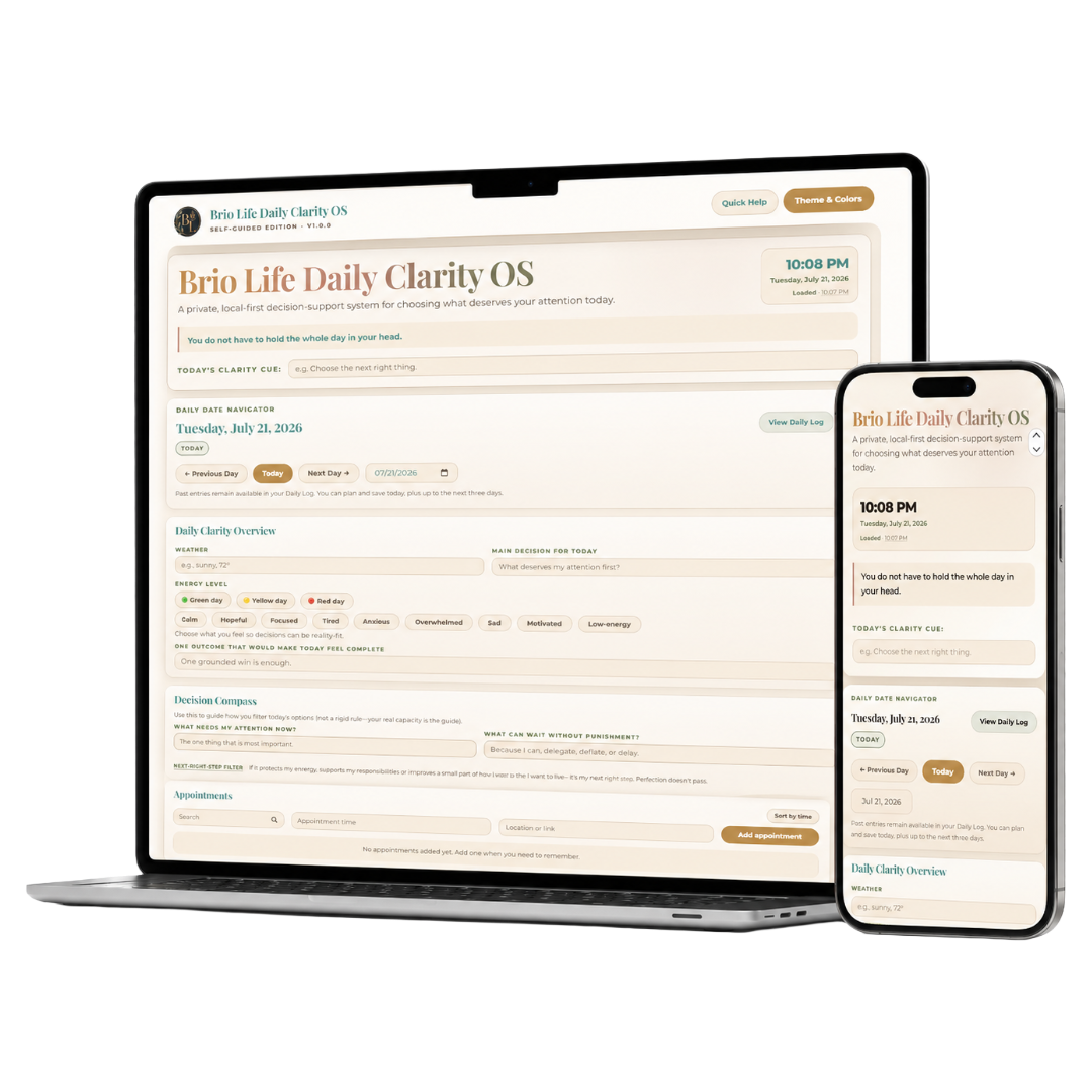 Brio Life Daily Clarity OS shown on a laptop and phone